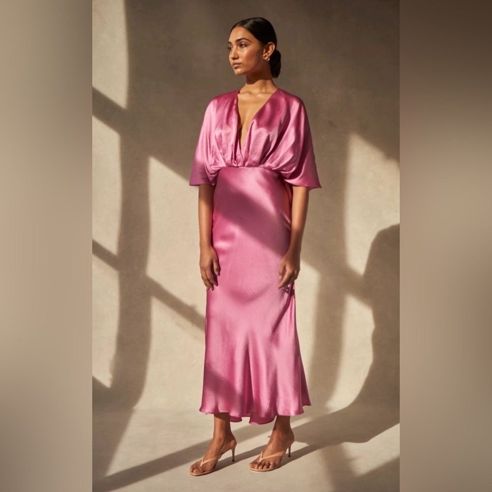 AIIFOS Isabelle Pink Crinkled Silk Satin Maxi Dress. Size XS